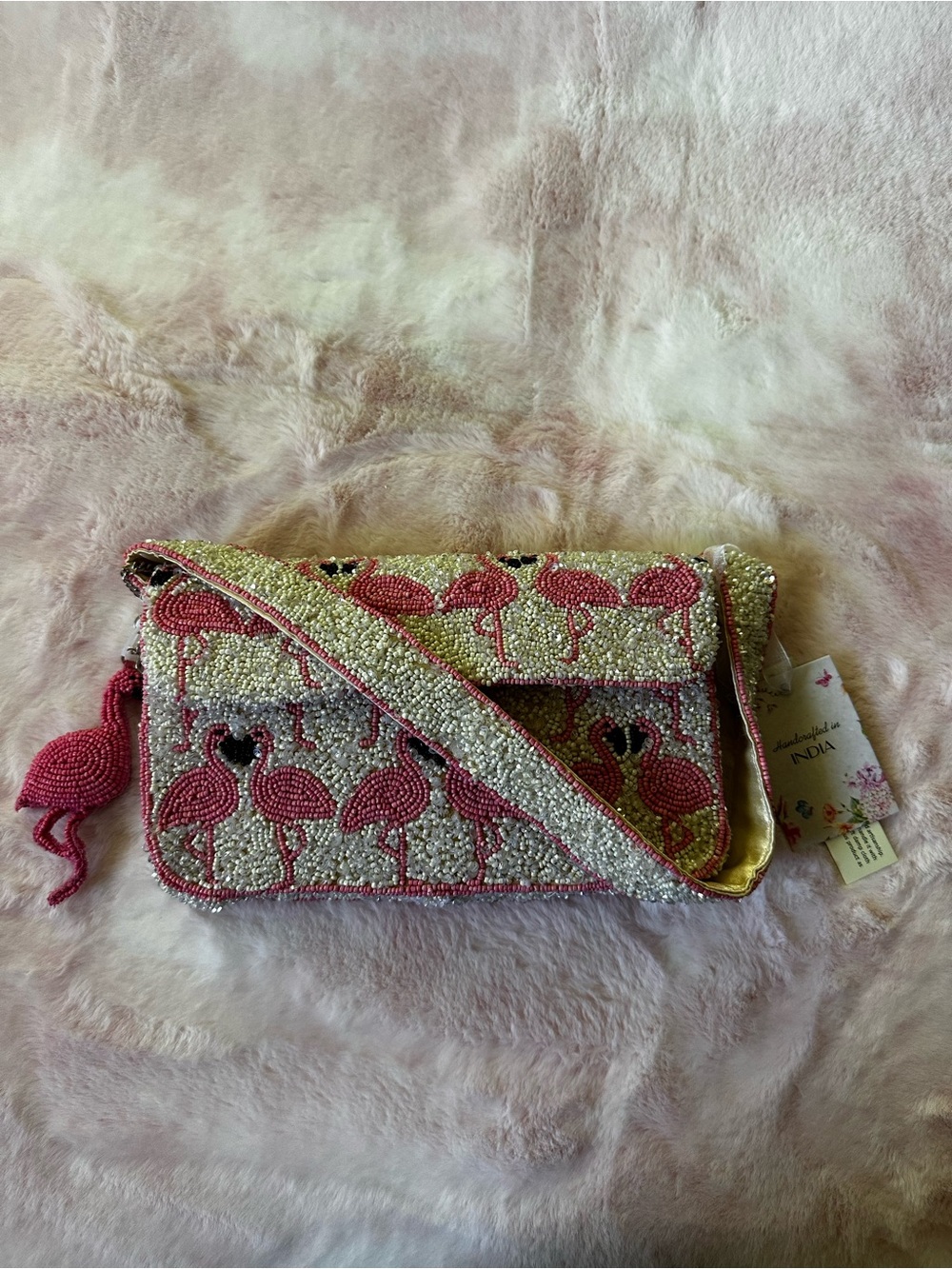 Flamingo Pink Beaded Shoulder Bag Purse - Handcrafted in India NWT - Picture 8 of 9